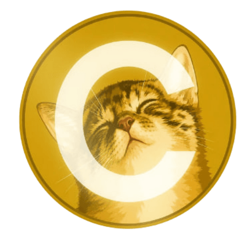 Catecoin logo: a golden coin with a happy tabby cat