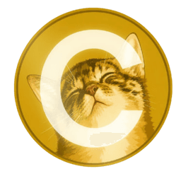 Catecoin logo: a golden coin with a happy tabby cat